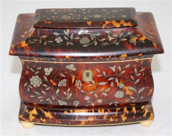 An early Victorian mother of pearl inlaid tortoiseshell tea caddy, 6.75in.